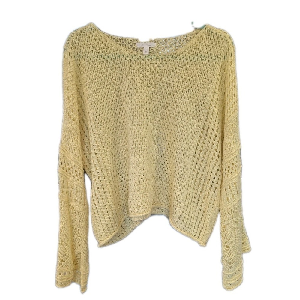 Open Knit Sweater XL Boho Butter Yellow Long Bell Sleeve crochet beachy festival